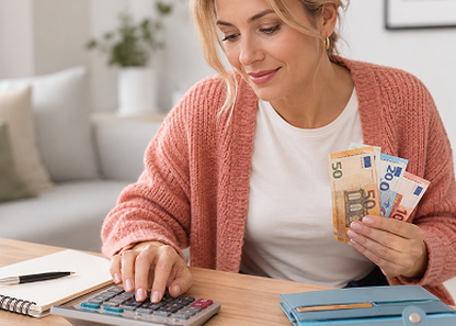 Eine Person, die ihre Finanzen durchrechnet und US-Dollar-Scheine in der Hand hält