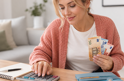 Person calculating finances and holding US dollar bills